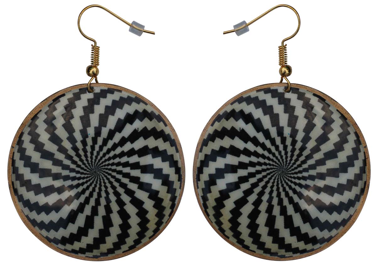 2.5” Pair of Round Hook Earrings in Brass -Monochrome Geometric Pattern - Drop Earrings / Women Fashion Jewelry - Buy in Bulk Wholesale